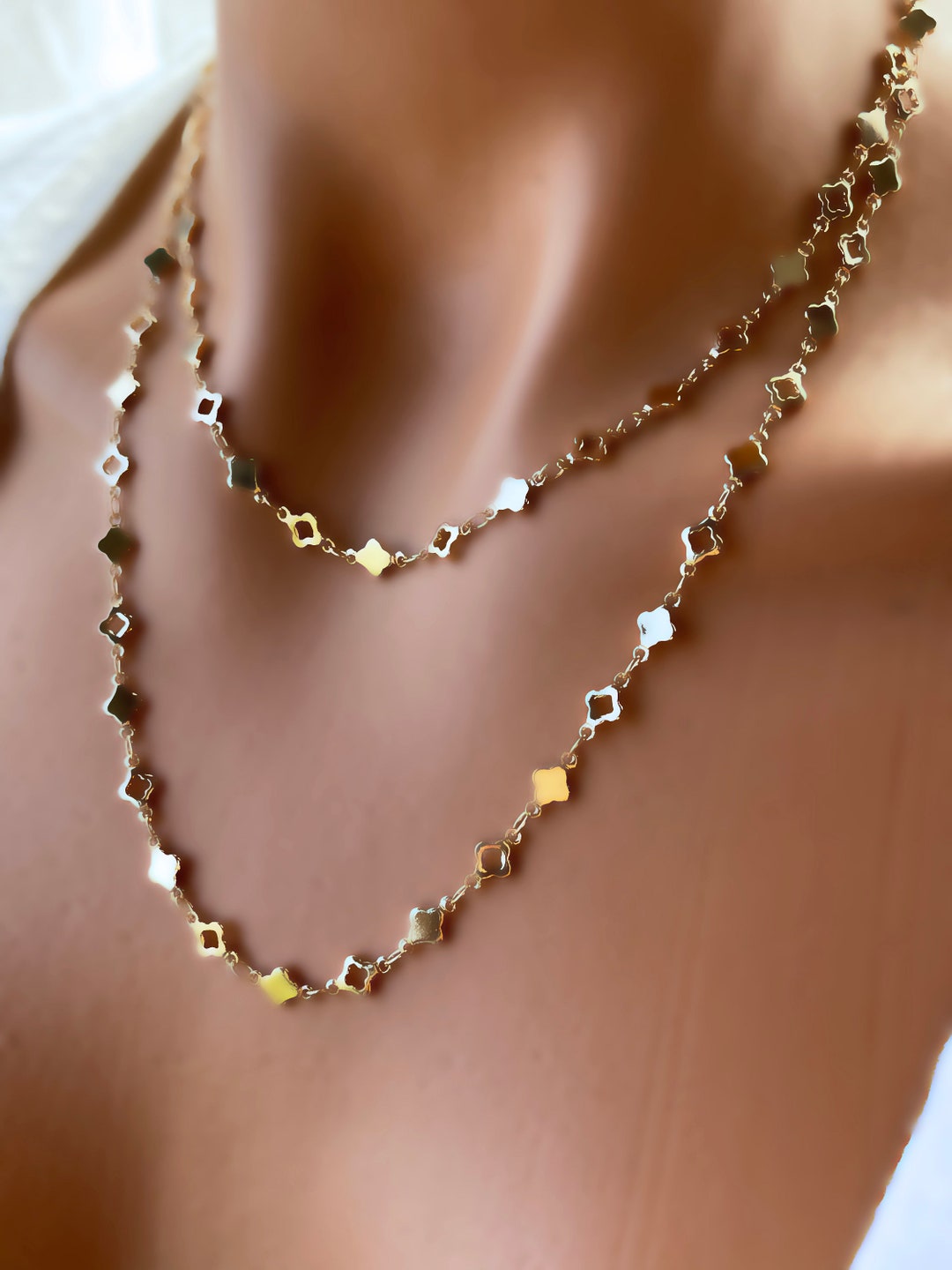 18k Gold Sparkle Chain Necklace, Gold Filled Clover Necklace , Cubic Zircon Shell Layered