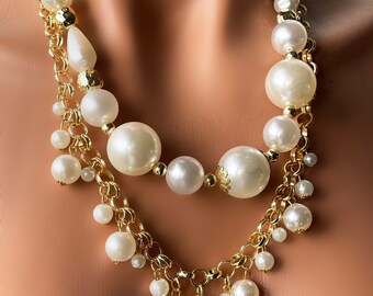 Collier de perles plaqué or deux couches, collier chaîne en couches bohème chic, bijoux en perles, gros collier tendance, cadeau parfait pour elle