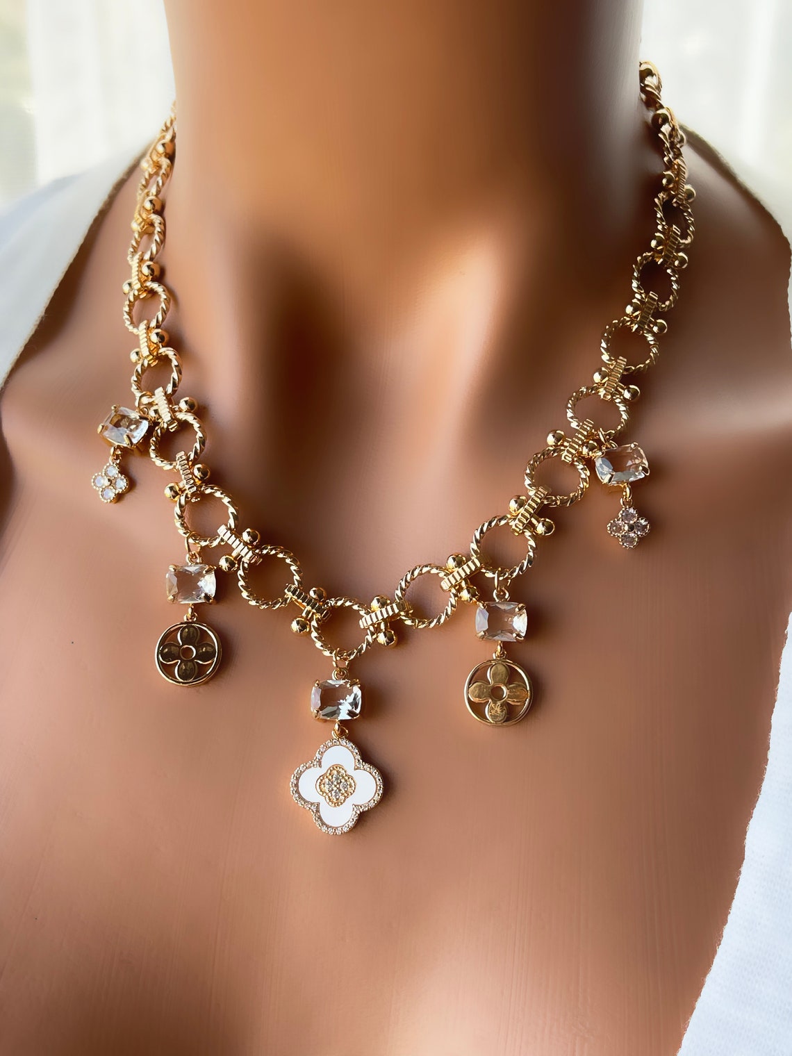 18k Gold Sparkle Chain Necklace, Gold Filled Clover Necklace , Cubic Zircon Shell Layered