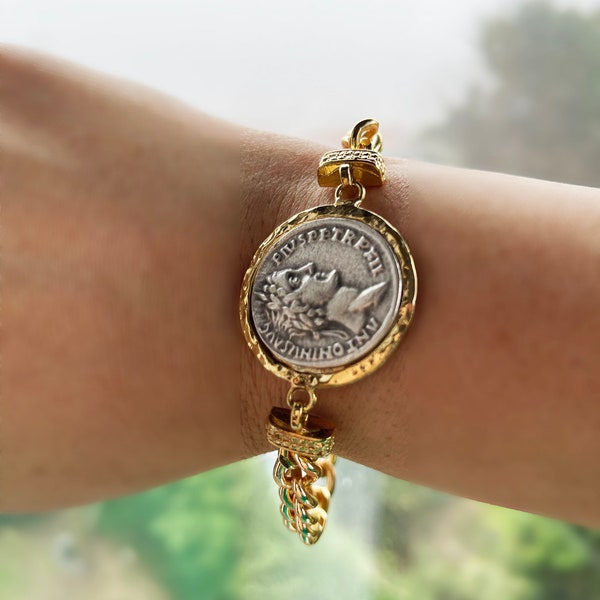 Unique Gold Plated Roman Coin Bracelet, Handmade Bracelet Jewelry, Gold Greek Coin Chain Bracelet, Birthday Gift, Personalized Gift for her