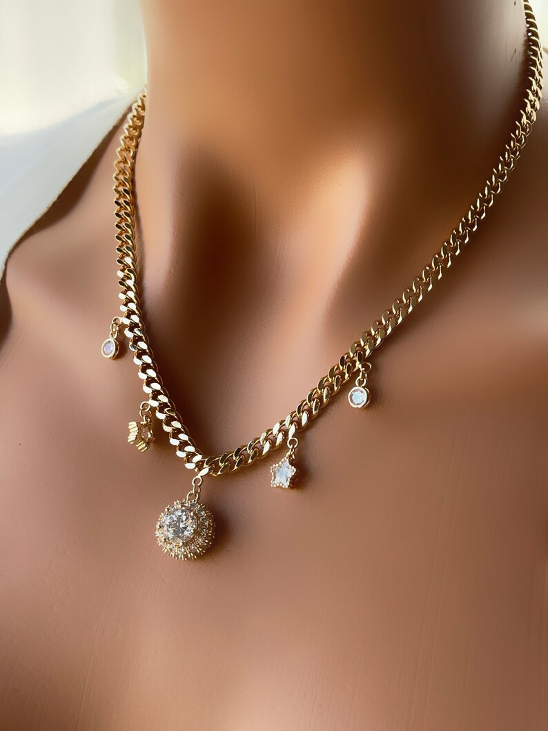 Layered Necklace with Gold-Colored Zirconia Pendant