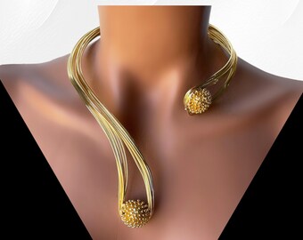 Collar de gargantilla abierta chapada en oro, collar de gargantilla moderno contemporáneo hecho a mano único, regalo de cumpleaños personalizado perfecto