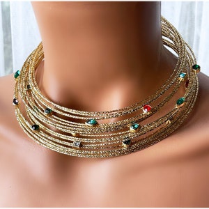 Handmade Gold Plated Open Choker Collar Necklace, Colorful Crystal Choker, Modern Egyptian inspired Collar, Gold Filled Necklace