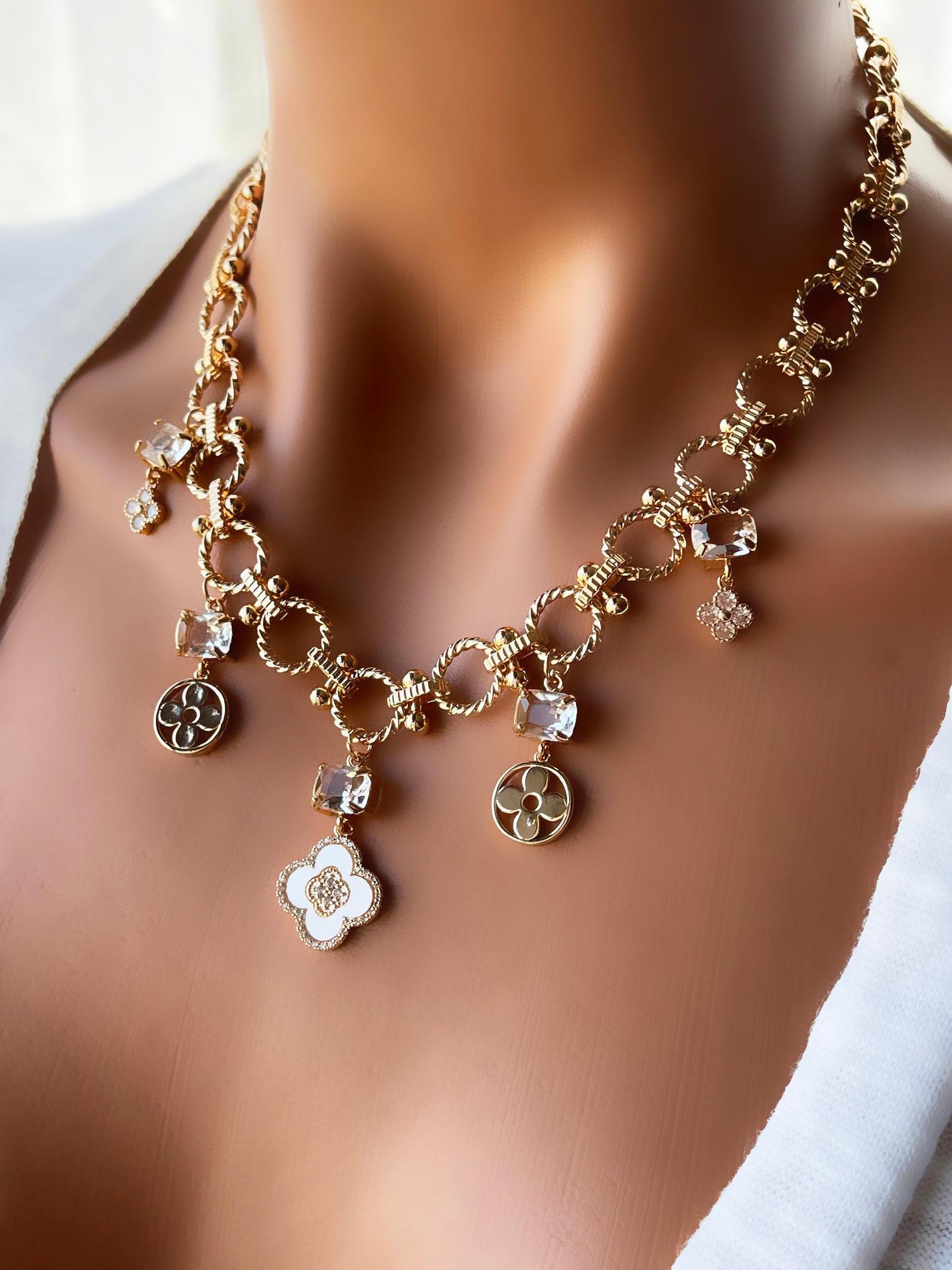 18k Gold Sparkle Chain Necklace, Gold Filled Clover Necklace , Cubic Zircon Shell Layered