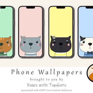 キュートでクールな猫 | 携帯電話の壁紙 | 4 枚セット | iPhone および Android | デジタル ダウンロード