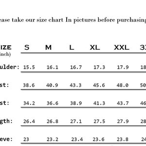 May include: A size chart with measurements in inches for shoulders, chest, waist, length, and sleeve. Sizes range from S to 3XL. The text at the top says, "Please take our size chart In pictures before purchasing."