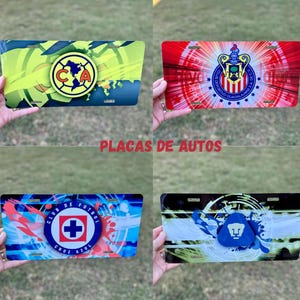 May include: Four different car license plates with colorful designs featuring logos of popular Mexican soccer teams. The teams are Club America, Chivas Guadalajara, Cruz Azul, and Club Universidad Nacional (Pumas). The plates are labeled "PLACAS DE AUTOS" which translates to "Car Plates" in English.