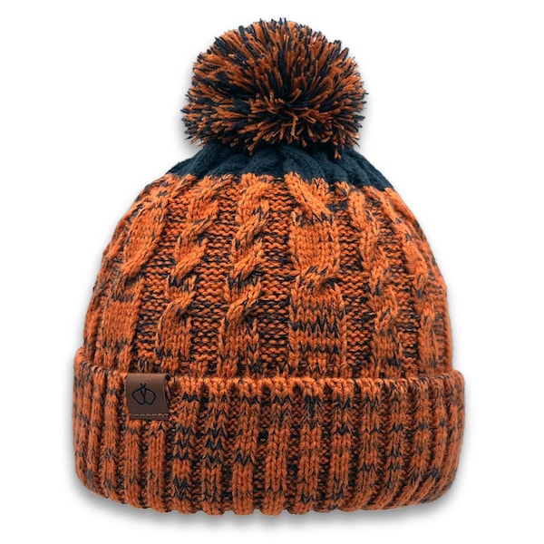 Satin Lined Burnt Orange & Blue Bobble Hat