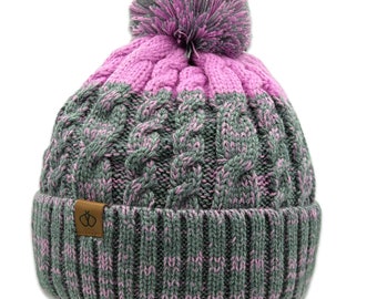 Satin Lined Children's Pink and Grey Bobble Hat