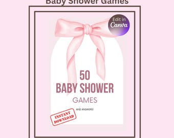 50 Pink Bow-babyshowergames: trivia, bingo en meer (bewerkbaar, digitale download)