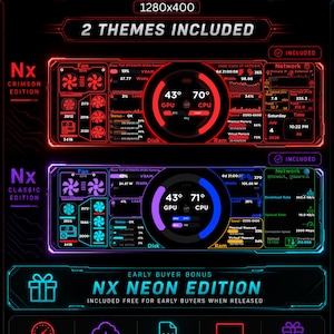 Pode incluir: Um pacote de painel de sensor AIDA64 digital intitulado NX Collection, incluindo dois temas, Crimson Edition e Classic Edition, com resolução 1280x400. O display mostra dados de monitoramento de hardware de PC em tempo real, incluindo temperaturas.