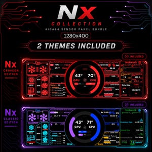 Puede incluir: Paquete de paneles de sensores AIDA64 NX Collection con resolución de 1280x400. Incluye dos temas: Nx Crimson Edition en rojo y Nx Classic Edition en azul. Ambas pantallas digitales muestran métricas de monitoreo del sistema en tiempo real.