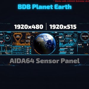 May include: A digital display panel with the text "BDB Planet Earth" and "AIDA64 Sensor Panel." The panel shows real-time computer performance data, including CPU and GPU temperatures, fan speeds, and network usage. The image includes the dimensions 1920x480 and 1920x515.