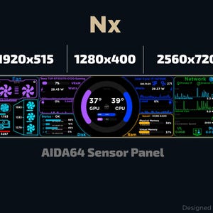 Puede incluir: Un panel de visualización digital negro con varios datos de monitoreo del sistema, incluyendo temperaturas de CPU y GPU, velocidades de ventilador y uso de red. El texto "AIDA64 Sensor Panel" se muestra en la parte inferior.