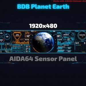 May include: A digital display panel with the text "BDB Planet Earth" and "AIDA64 Sensor Panel". The panel shows real-time computer performance data, including CPU and GPU temperatures, fan speeds, and network usage. The display is 1920x480 pixels.