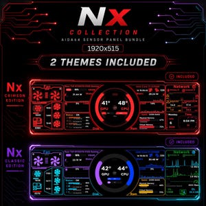 Könnte beinhalten: NX Collection AIDA64 Sensor-Panel-Bundle mit 1920x515 Auflösung. Enthält zwei Designs: die rote Crimson Edition und die blaue Classic Edition. Beide digitalen Anzeigen zeigen PC-Hardware-Messwerte in Echtzeit wie GPU- und CPU-Temperaturen.