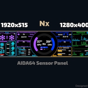 May include: A digital sensor panel with a black background showing computer performance data. The panel displays CPU and GPU temperatures, fan speeds, network activity, and memory usage. Text includes "AIDA64 Sensor Panel" and dimensions 1920x515 and 1280x400.