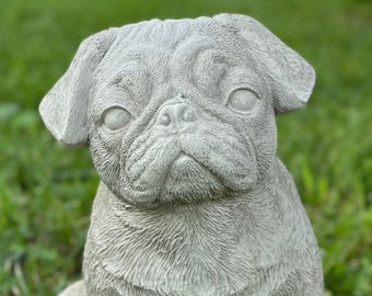 Sitting pug puppy statue Solid Rock statue Concrete pug puppy figurine Gift for animal lovers Garden stone pet memorial