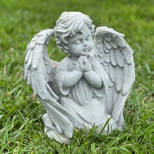 Praying angel staying on knees figurine Concrete angel statue Religious decoration for garden Backyard rock decor