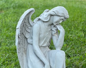 Large angel staying on one knee with flowers figurine  Concrete angel statue Religious decoration for garden Backyard decoration