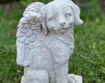 Concrete sitting dog memorial with wings statue Realistic pet loss memorial figurine Little puppy outdoor sculpture