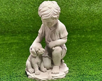 Concrete boy playing with puppy statue Outdoor garden kid with dog figurine Garden handmade decoration