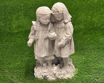 Two girls playing with butterfly statue Concrete massive girls with butterfly figurine Outdoor garden sculpture XL size