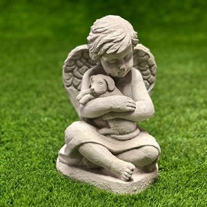 Concrete sitting boy with dog statue Resting boy figure Yard religious garden sculpture