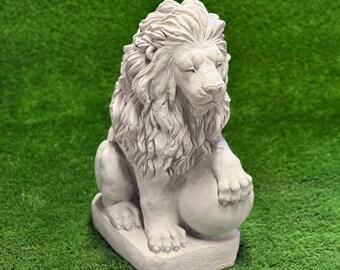 Huge lion with paw on ball statue Large guardian lion with ball figurine Massive front door lion sculpture XXL size