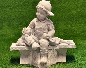 Baseball player with dog statue Concrete boy playing baseball with dog figurine Realistic garden decoration
