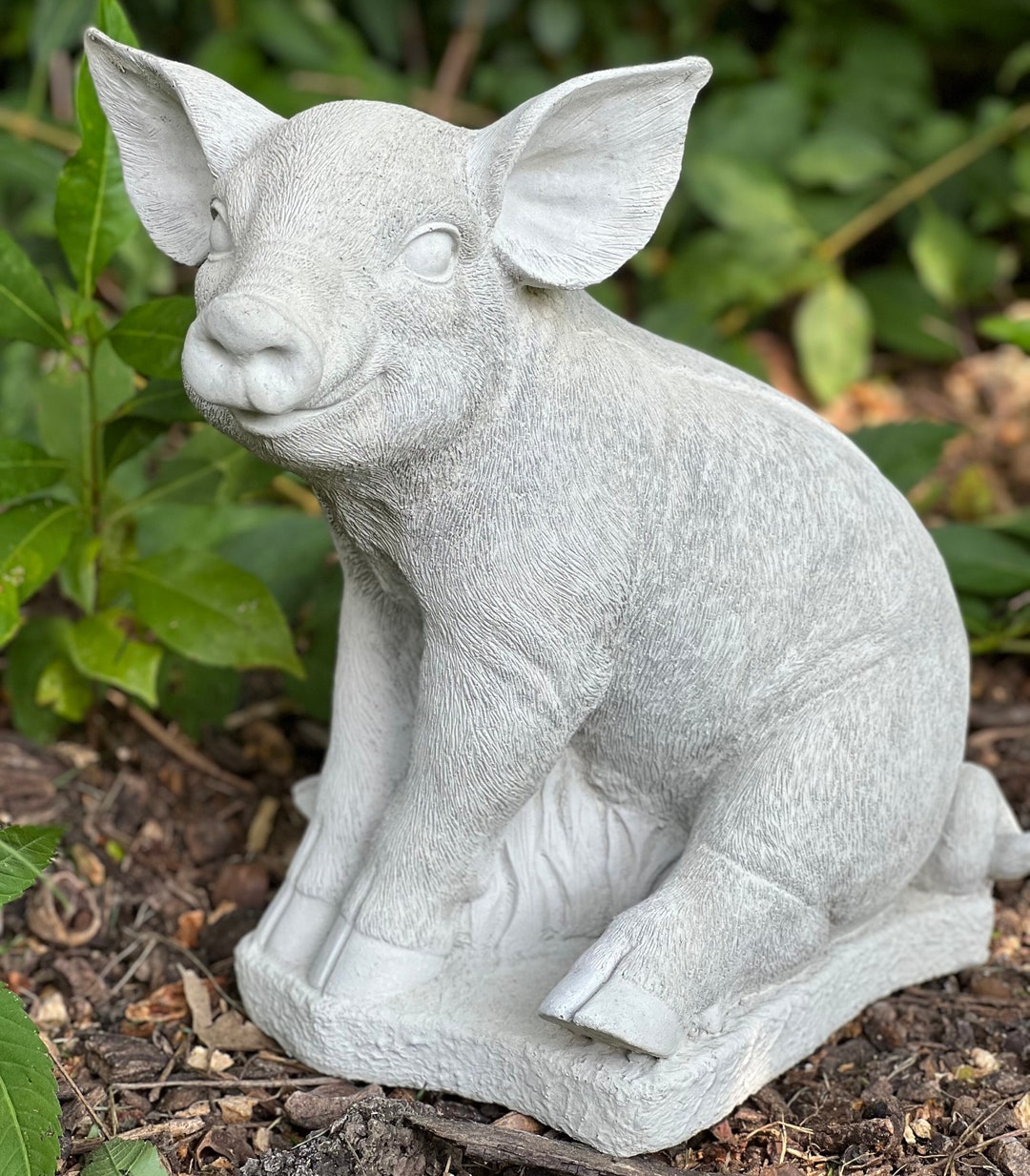Sitting Concrete Pig Statue Detailed Farm Pig Figurine Realistic