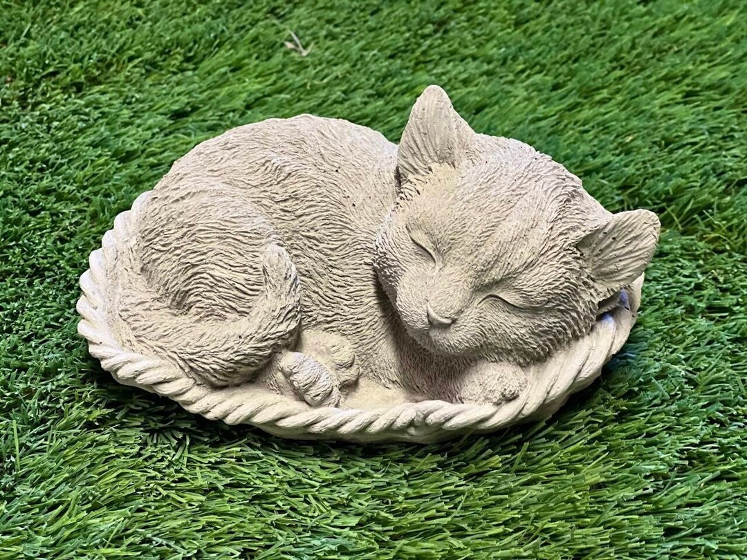 Sleeping Cat in Basket Statue Resting Kitty Sculpture Concrete Etsy