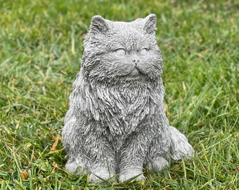 Sitting Persian cat concrete figure Realistic cat sculpture Cement cat memorial Outdoor cat ornament