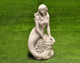 Concrete mermaid sitting on shell statue Massive mermaid on stone figurine Large mermaid figure XL size