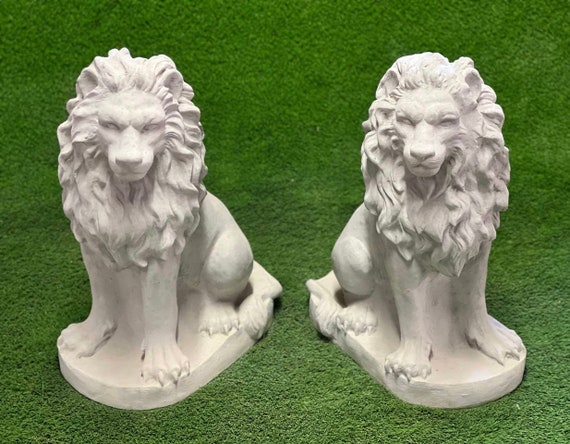 Two Sitting Lions Figures Concrete Right and Left Facing Lions 