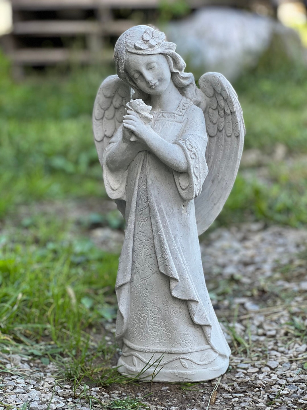 Praying Girl With Wings Holding Flower Concrete Statue Religious Garden