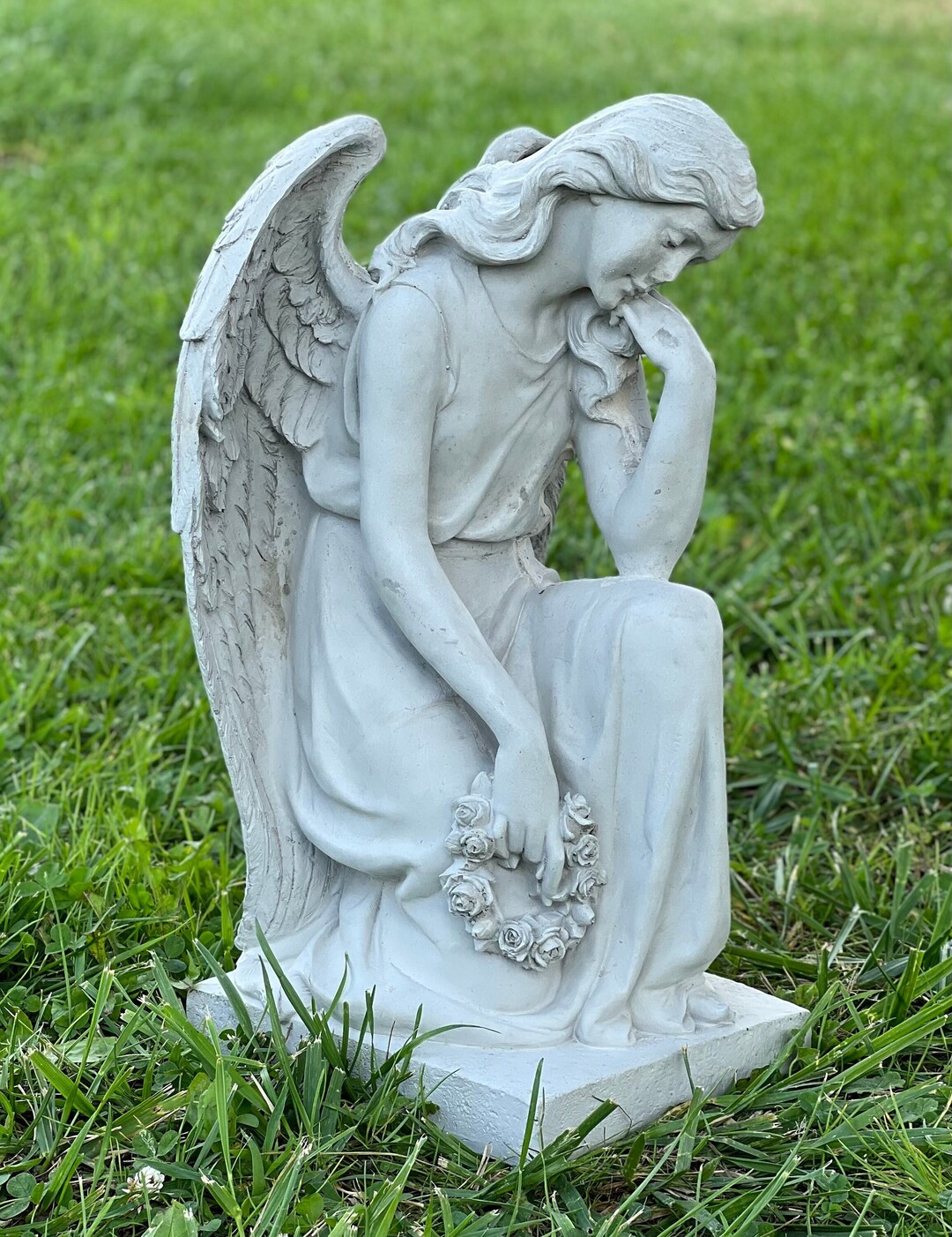 Large Angel Staying on One Knee With Flowers Figurine Concrete Angel