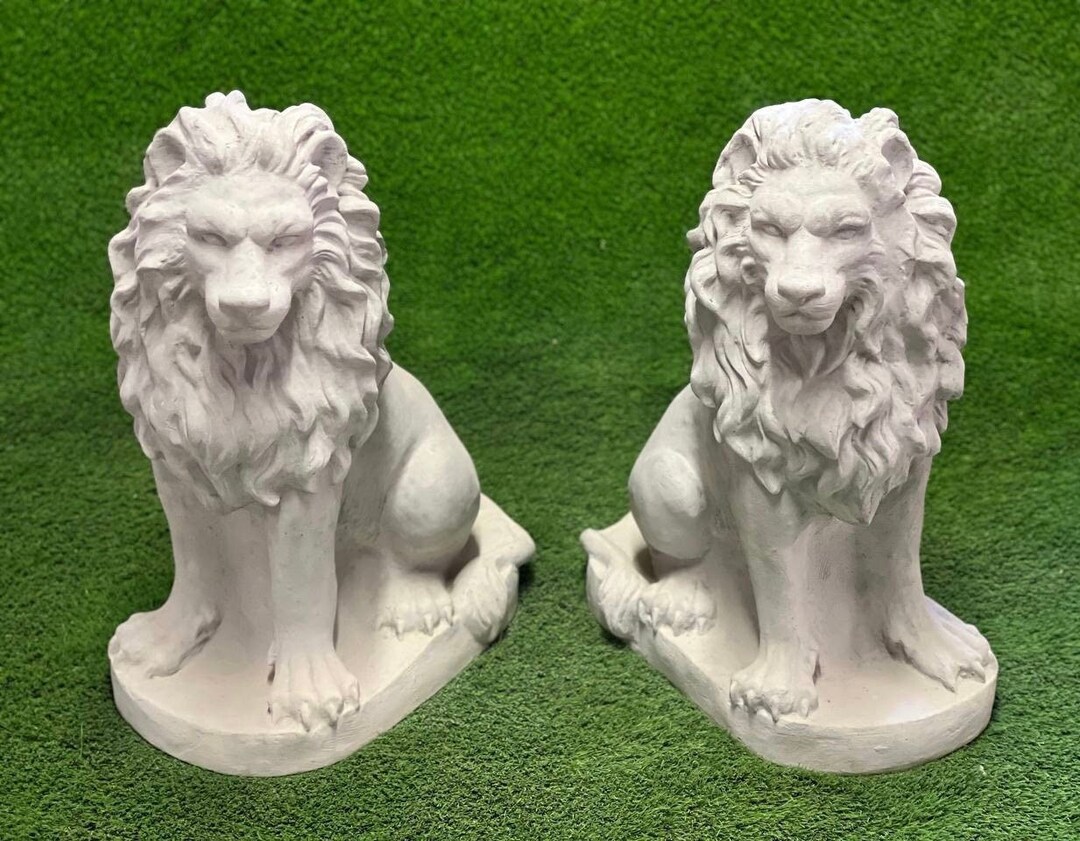 Two Sitting Lions Figures Concrete Right and Left Facing Lions Statues Massive Front Door