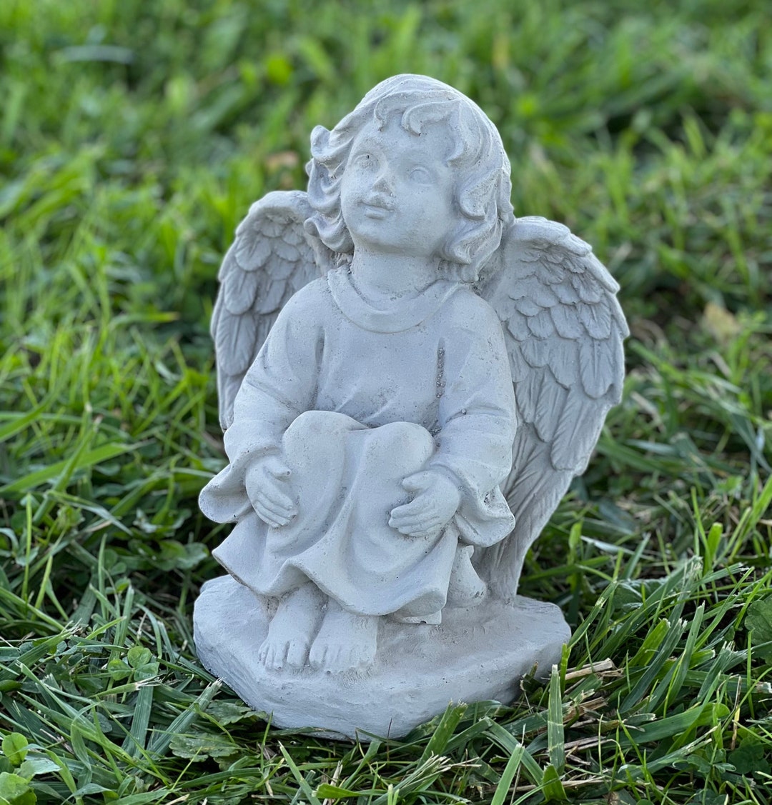Concrete Angel Statue Hands on Knees Looking up Angel Little Etsy