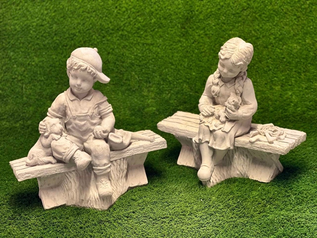 Sitting Girl With Cat Statue Massive Baseball Boy With Dog Figure