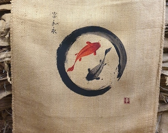 Coffee sack jute sack decoration SACK Deco with selected motif Japanese carp Koi !! Jute wall decoration mural upholstery cover