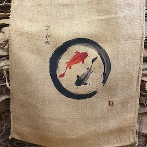 Koffiezak jute zak decoratie ZAK Deco met geselecteerd motief Japanse karper Koi !! Jute wanddecoratie muurschildering bekledingshoes