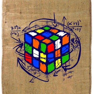 Könnte beinhalten: Ein bunter Rubik's Cube mit einem Farbschema in Blau, Rot, Grün, Gelb, Orange und Weiß. Der Würfel ist von einer blauen Umrandung und gekritzelten Linien und Gleichungen umgeben. Der Text "RU/K (FUN)" und "(x+y) / x+3y" ist sichtbar.
