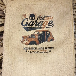 Coffee sack jute sack decoration SACK Deco with selected motif Old Garage! Jute wall decoration mural upholstery cover