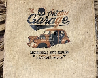 Coffee sack jute sack decoration SACK Deco with selected motif Old Garage! Jute wall decoration mural upholstery cover