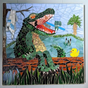 alligator wall art, luxury wall art, stained glass mosaic, glass mosaic wall art, dental office décor, dentist office art, bathroom wall art