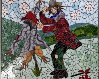 mosaic, glass mosaic, guest room décor, wall art, luxury wall art, handmade in the USA, hand made mosaic, scarecrow, hobo wall art