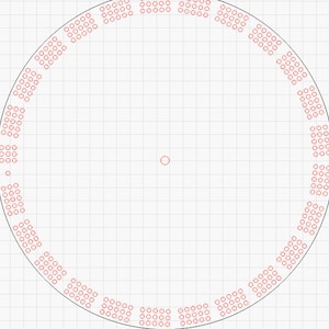 May include: A circular pattern of small red circles arranged in rows around a central point. The circles are evenly spaced and form a symmetrical design.