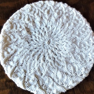 Handknit Cotton Lace Beret: Pearly White Springtime Slouchy Hat