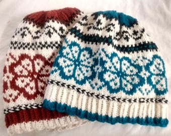 Estonian Flower Beanie, Handknit Nordic Winter Hat